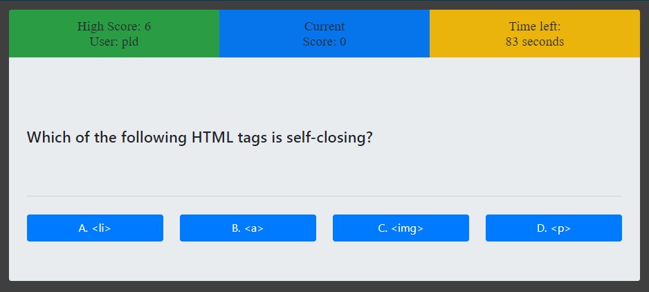Quiz screen. Header: high score 6 user p l d, current score 0, time left 83 seconds. Question: Which of the following HTML tags is self-closing? Answer choices: a. li, b. a, c. img, d. p